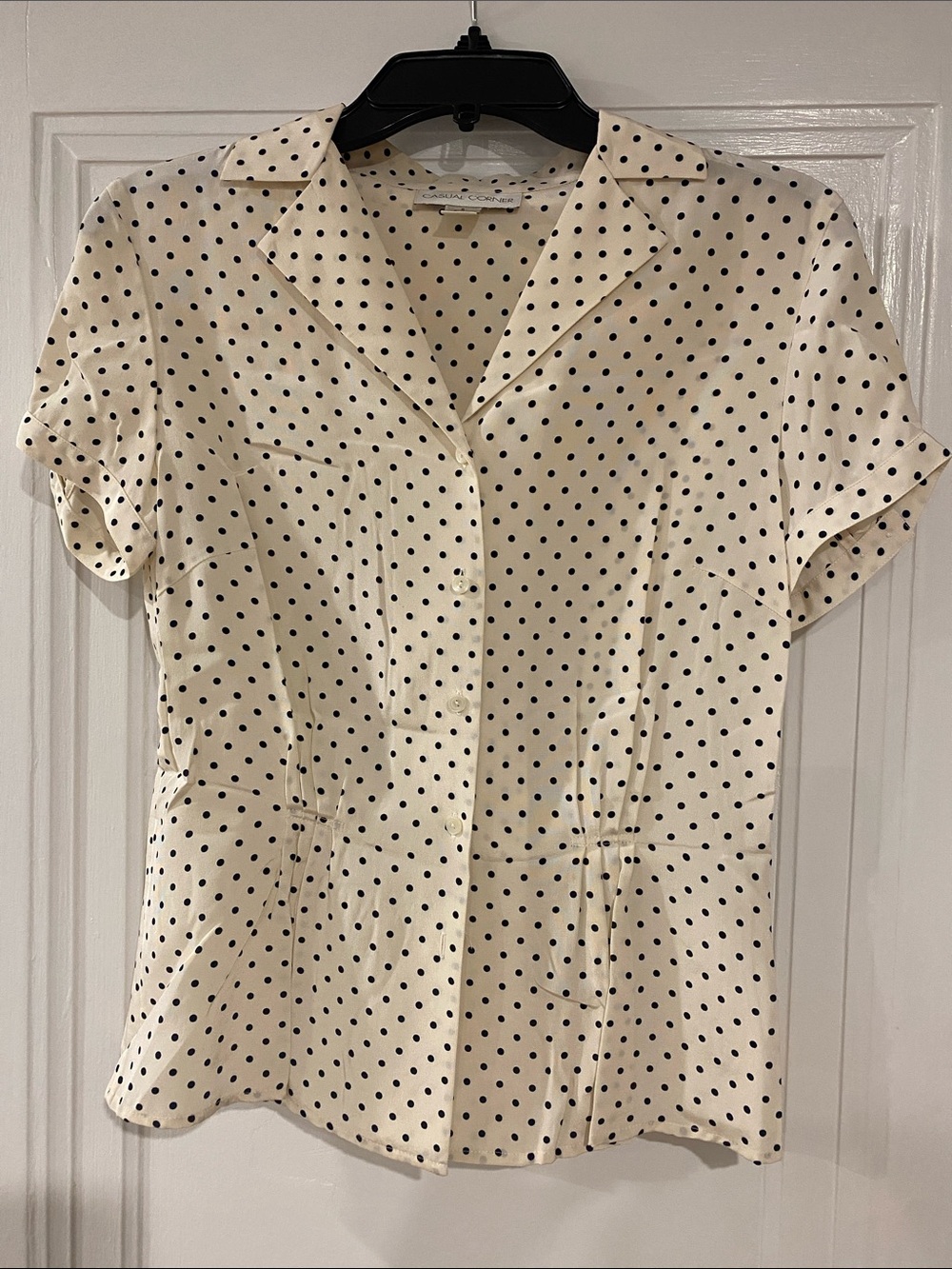 Casual Corner Cream and Black Polka Dot Short-Sleeve Blouse